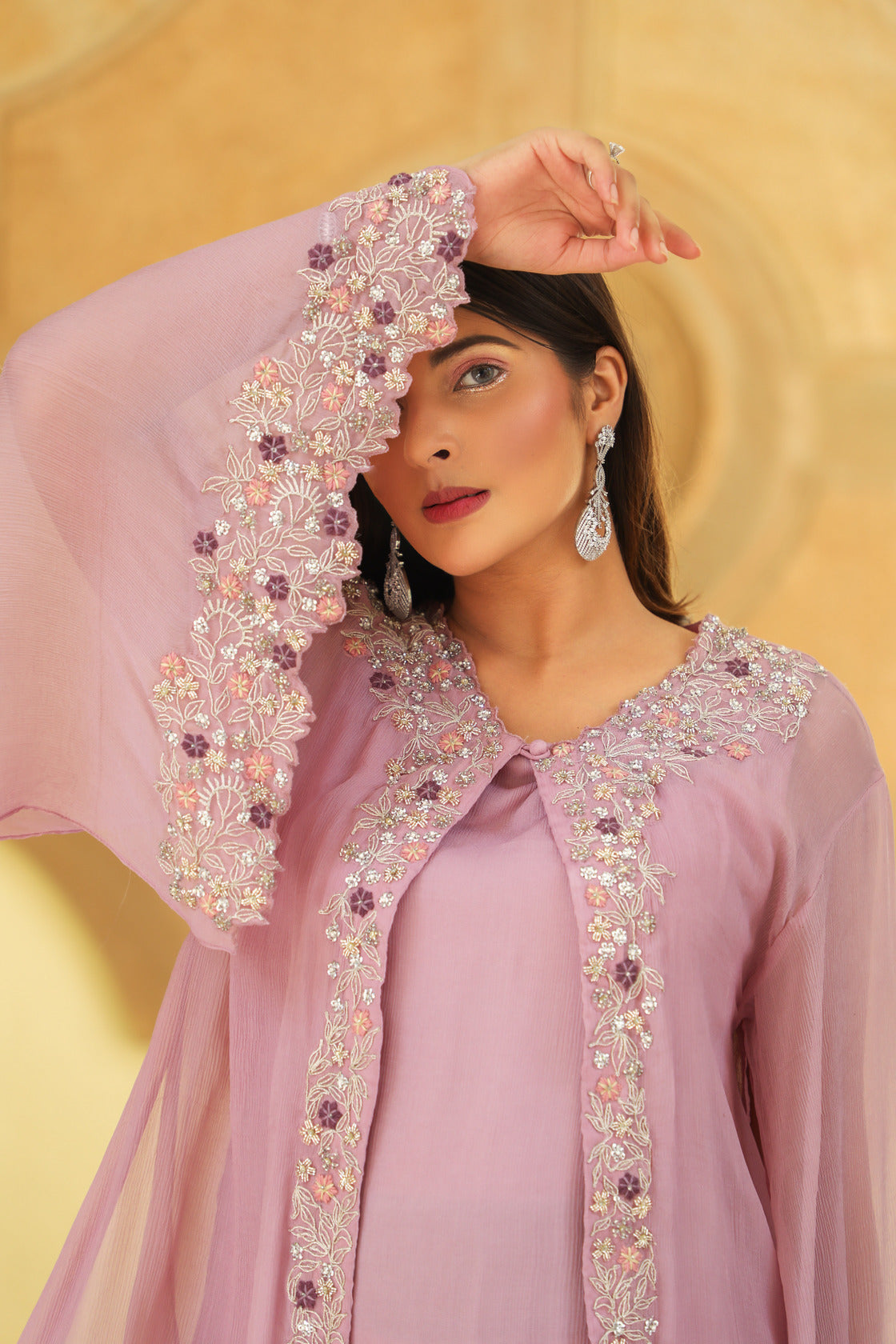 3 PIECE CHIFFON KAFTAN SET WITH HAND EMBROIDERY ON KAFTAN JACKET