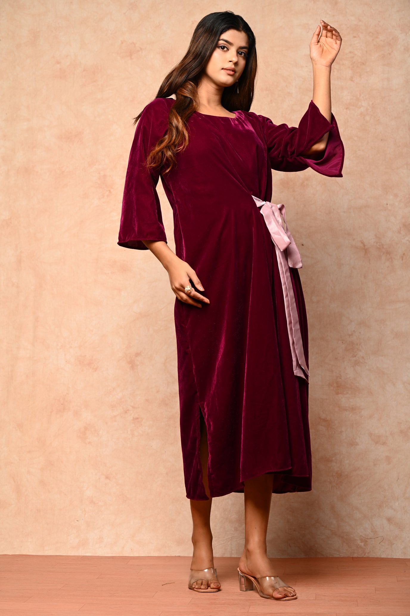 VELVET TIE UP MIDI DRESS