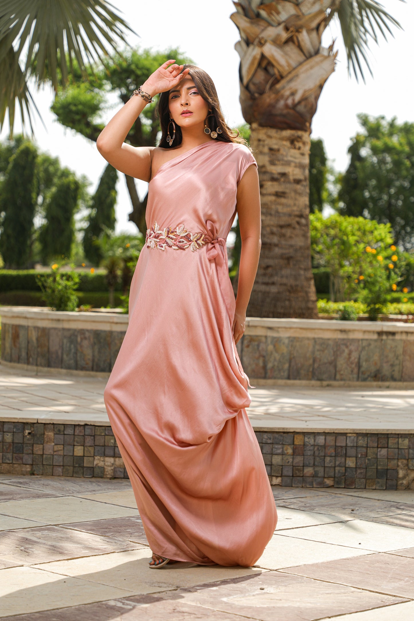 One Shoulder Drape Gown With Handembroidered Motif