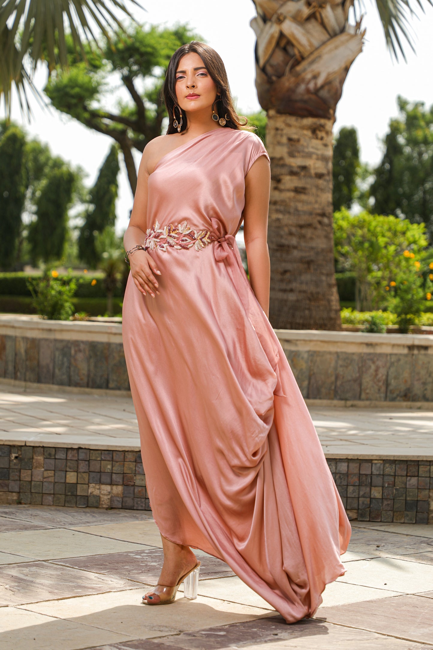 One Shoulder Drape Gown With Handembroidered Motif