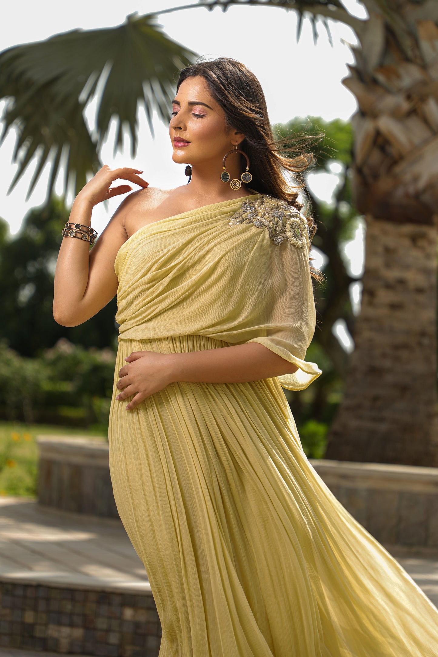 Lemon Yellow One Shoulder Drape Gown