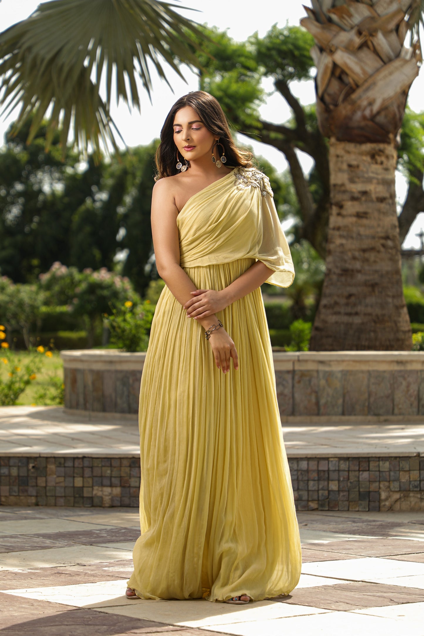 Lemon Yellow One Shoulder Drape Gown