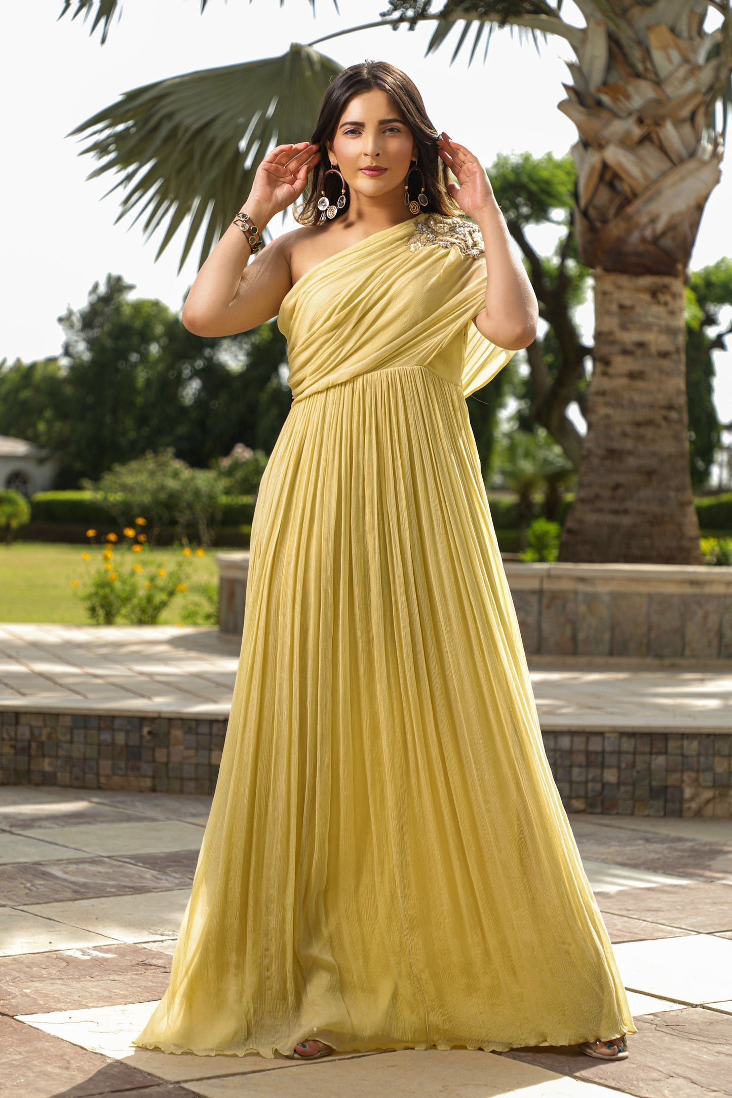 Lemon Yellow One Shoulder Drape Gown