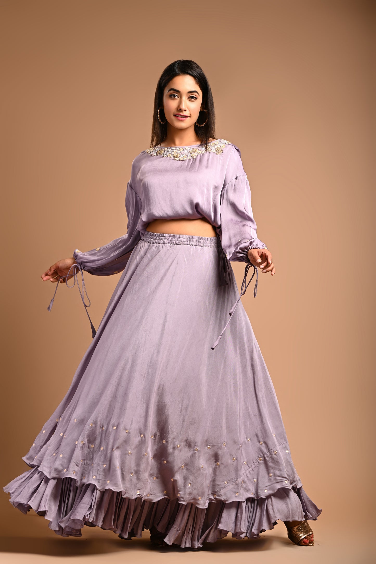 Balloon Crop Blouse With Layered Lehenga Set