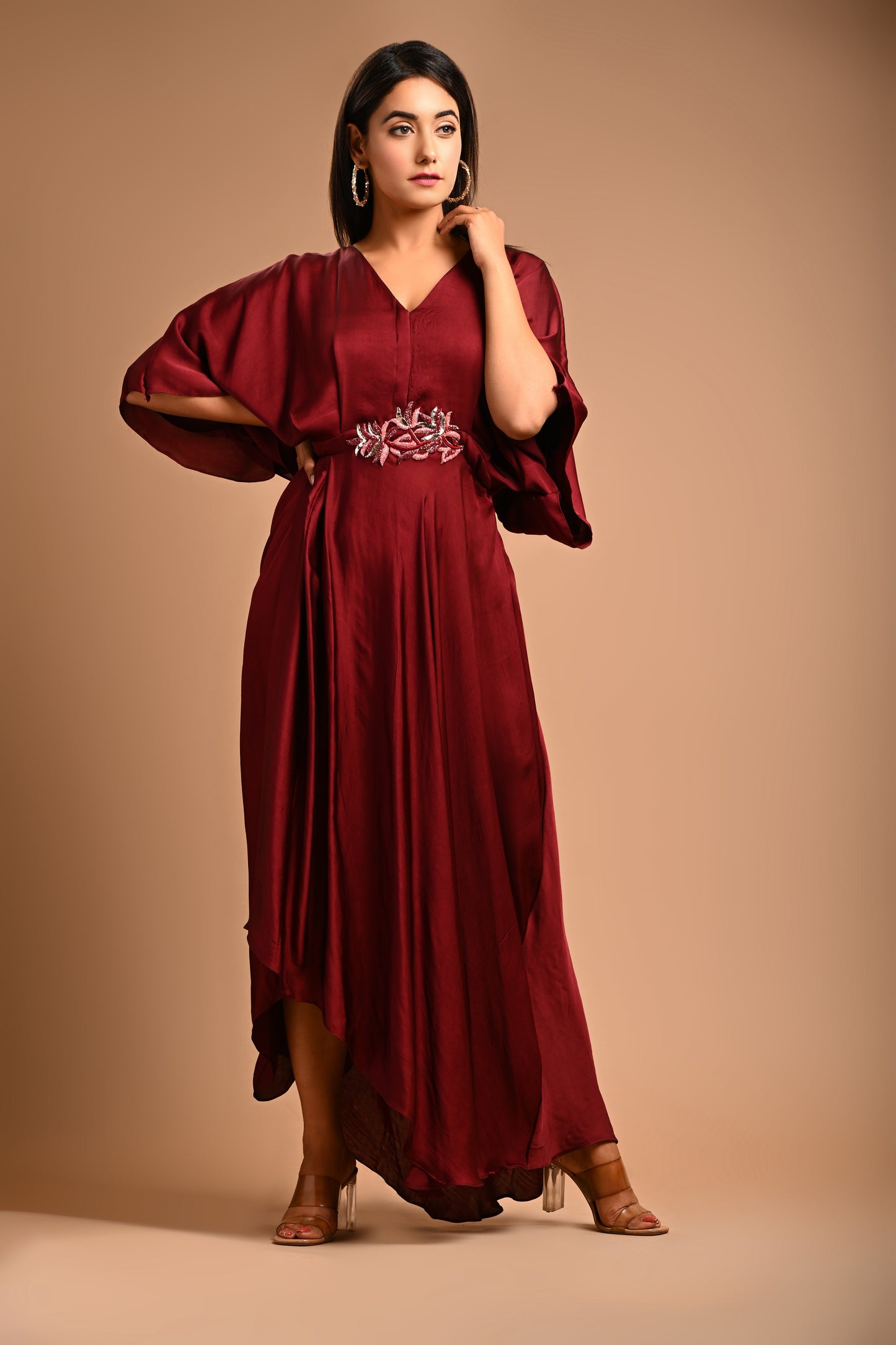 Drape Dress With Handembroidered Motif