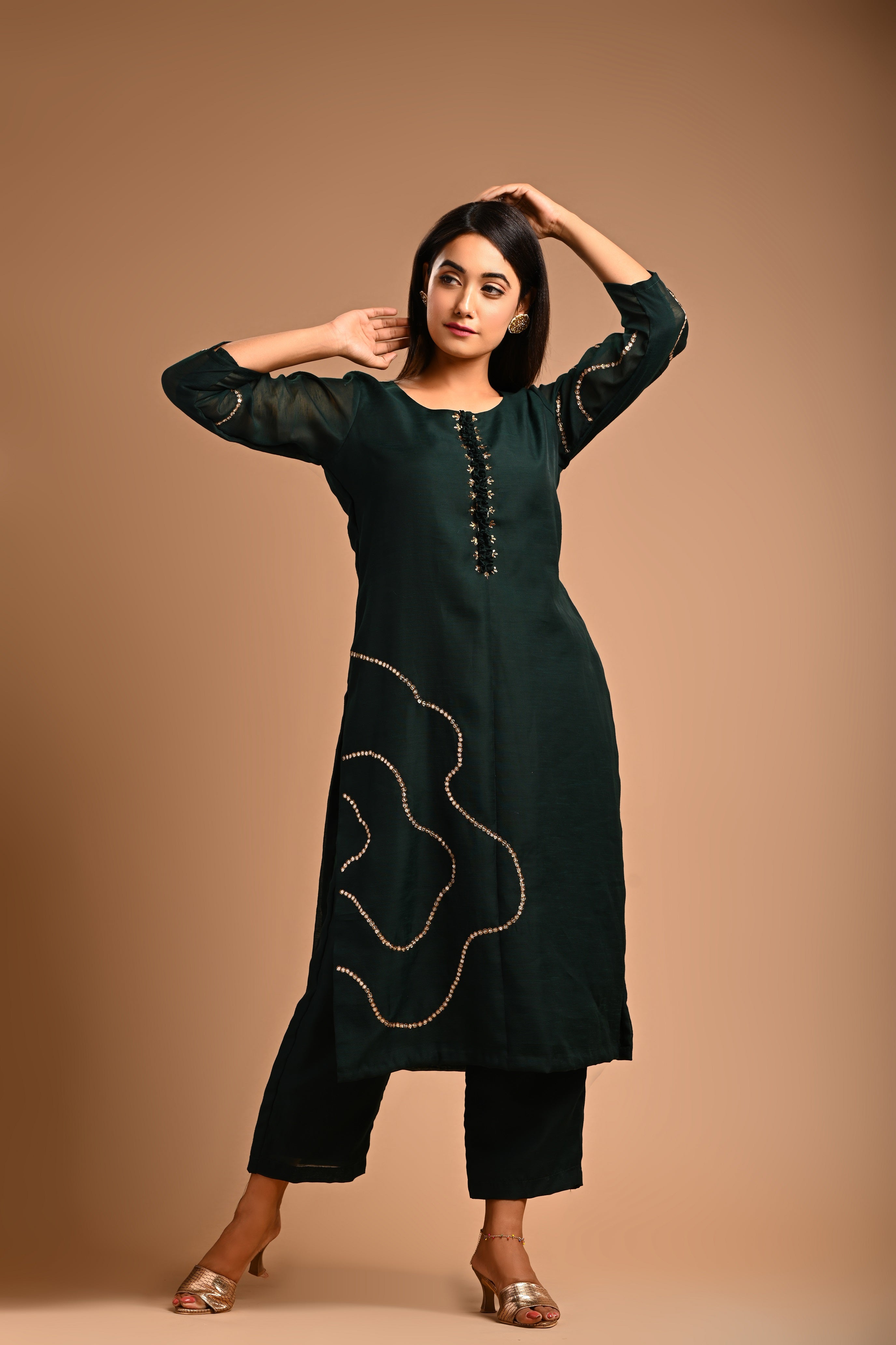 Bottle Green Straight Kurta With Pant