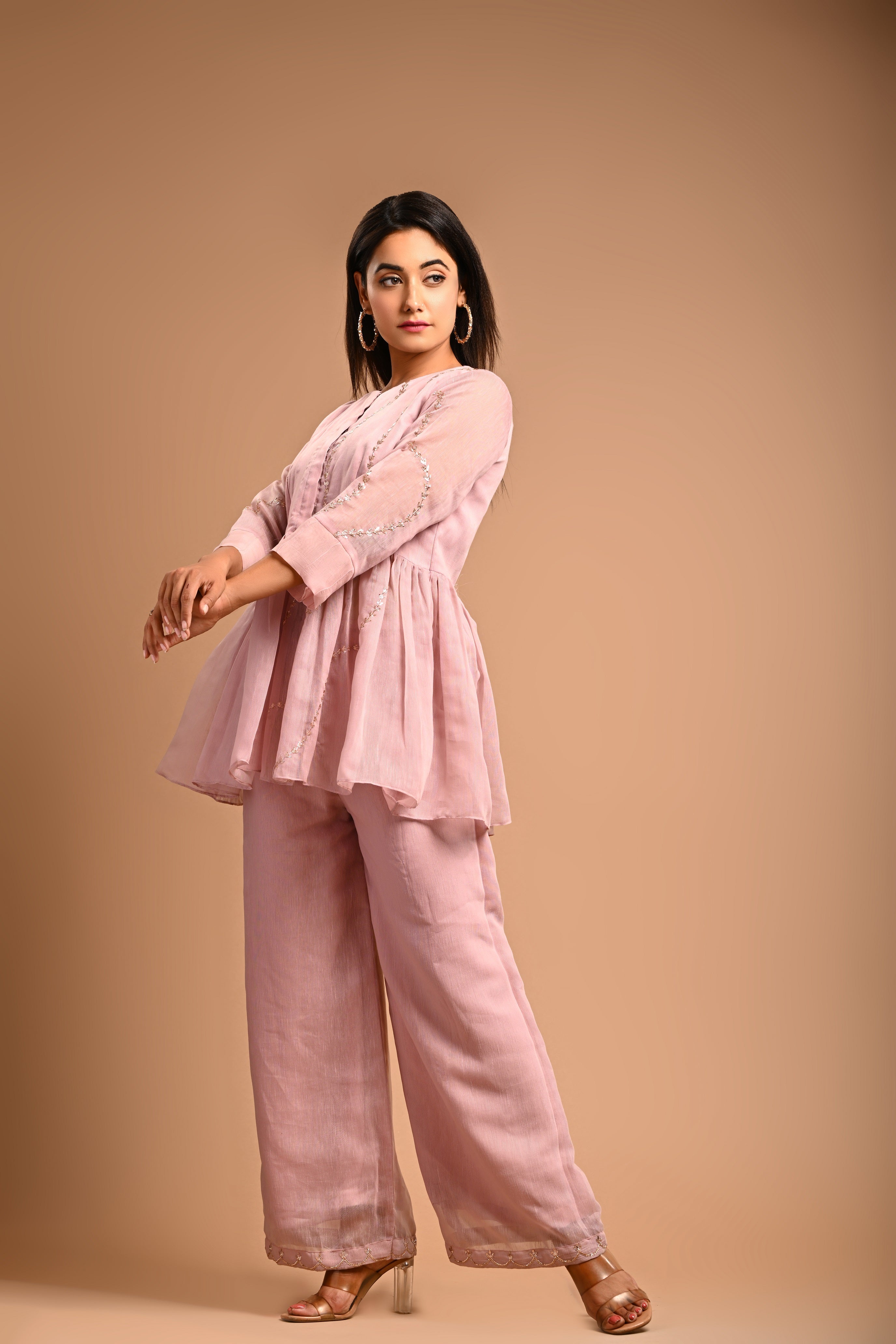 Rose Pink Gathered Top With Pant