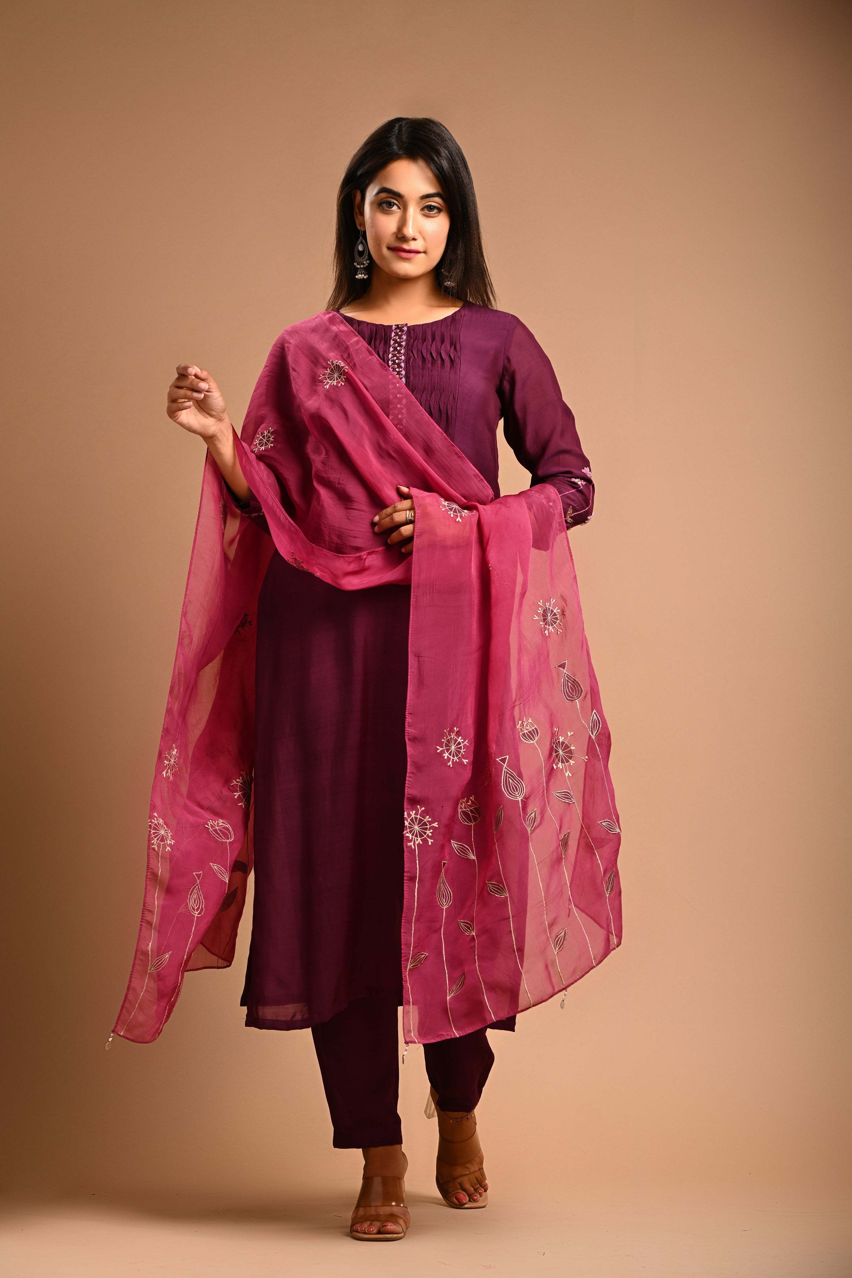 Straight Kurta Set With Applique Dupatta